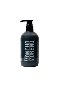 Botella de bomba de color gris oscuro con texto blanco en negrita, forma cilíndrica y tapa de bomba negra. La etiqueta incluye detalles del producto e instrucciones de uso.