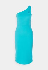 Robe ajustée à une épaule en turquoise vif, fabriquée dans un tissu lisse, présentant une silhouette élégante et une longueur de genoux.