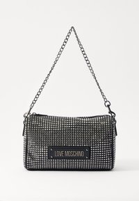 Black mesh handbag with silver studs, featuring a chain strap and a plaque that reads "LOVE MOSCHINO." Rectangular shape, textured surface.