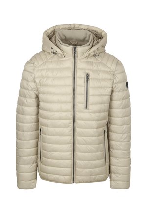 Beige gewatteerde pufferjas met capuchon, voorzien van een volledige ritssluiting, twee zijzakken en een ritszak op de borst. Gladde, lichte stof.