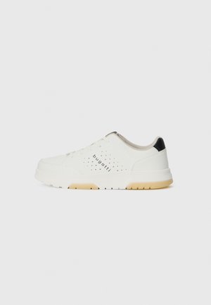 White low-top sneaker with perforated side panels, black heel detail, beige sole accents, and "bugatti" branding on the side.