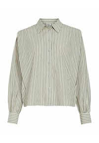 Marškiniai ilgomis rankovėmis su sagutėmis, šviesiai smėlio spalvos ir tamsiomis vertikaliomis juostelėmis, su smaigaliu apykakle.