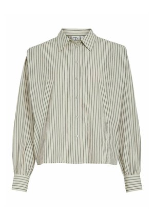 Garām piedurknēm krekls ar pogām, gaiši bēšām un tumšām vertikālām svītrām un asim altu apkakli.