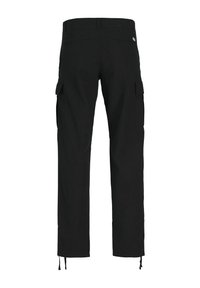Pantaloni cargo negri din bumbac, cu buzunare laterale, design drept și șnururi reglabile la glezne.