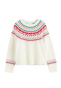 Cream-colored sweater with a round neckline, featuring a colorful pattern of red bows, green zigzags, and pink accents near the cuffs.