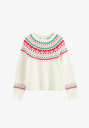 Crème-kleurige trui met een ronde hals, versierd met een kleurrijk patroon van rode strikken, groene zigzaglijnen en roze accenten bij de manchetten.
