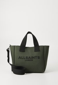 Zöld vászontáska fekete fogantyúval és vállpánttal. Az elején dombornyomott "ALLSAINTS LONDON" logó található.