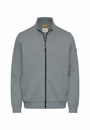 Lysegrå jakke med fuld lynlås, sekskantet mønster, høj krave, sidelommer og ribstrikkede manchetter og kant.