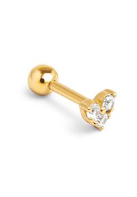 Pendiente de barra en tono dorado que presenta tres piedras redondas y transparentes engastadas en un estilo de garra, con una bola suave en un extremo.