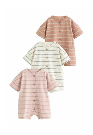 Három rövid ujjú baba overal, vízszintes csíkokkal és elején gombokkal, barna, fehér és rózsaszín színekben, átfedésben elrendezve.