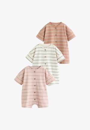 Tres peleles de manga corta para bebé con rayas horizontales y botones frontales en colores marrón, blanco y rosa, dispuestos superpuestos.