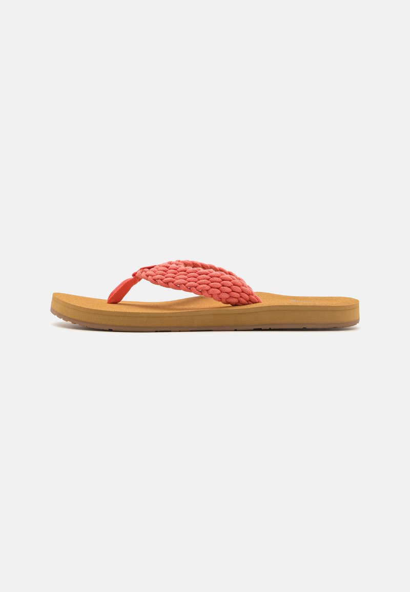 Braided coral strap flip-flop with a cushioned tan sole. Features a textured, woven upper and flat rubber outsole for grip.