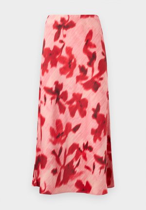 Rosa Midirock mit rotem Blumenmuster und feiner Textur, mit einer A-Linien-Silhouette und einem glatten Bund.