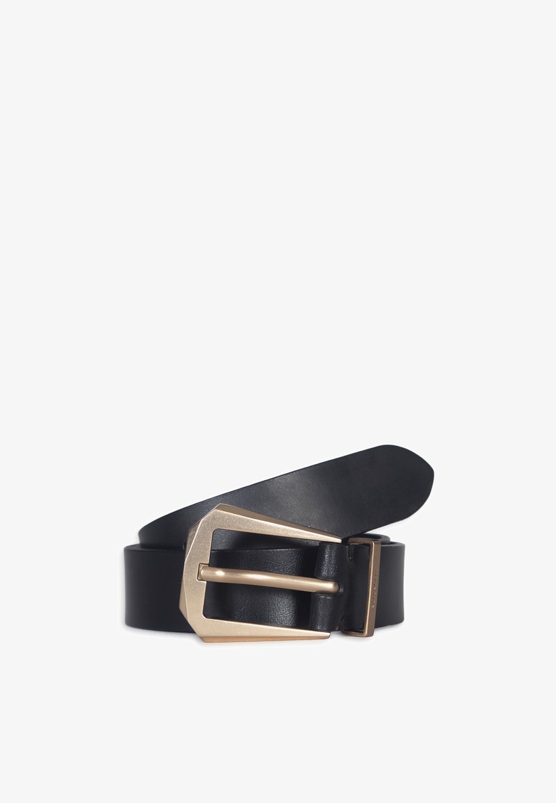 Black leather belt with a rectangular golden metal buckle and a smooth texture. Design features a classic style with a minimalist look.