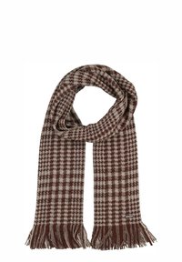 Ruskea ja kerma-valkoinen ruudullinen huivi, jossa hapsut päissä. Kudottu materiaali, jossa vuorottelevat neliökuviot, tarjoten tekstuuria ja lämpöä.