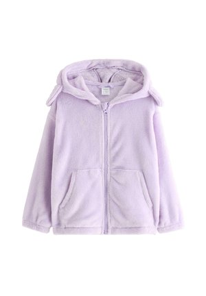 Hellviolette, flauschige Kapuzenjacke mit durchgehendem Reißverschluss und zwei Taschen, für Kinder entworfen.