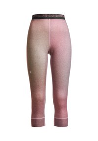 Leggings made from stretchy fabric, featuring a gradient design from light pink to dark pink, with a black waistband displaying the brand name.