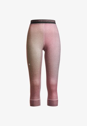 Leggings made from stretchy fabric, featuring a gradient design from light pink to dark pink, with a black waistband displaying the brand name.