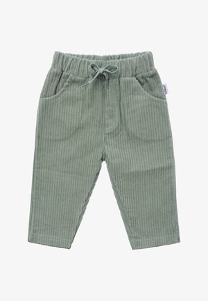 Hellgrüne Cordhosen mit gerippter Textur, elastischem Bund, Kordelzug und zwei seitlichen Taschen.