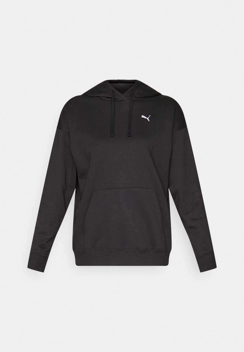Schwarzes Kapuzensweatshirt aus weichem Stoff, mit einer vorderen Kängurutasche und einem weißen Logo auf der Brust. Lange Ärmel mit gerippten Bündchen.