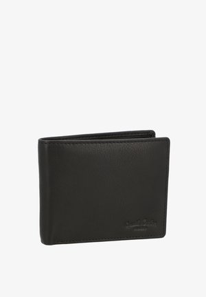 Black leather wallet with a smooth texture, bi-fold design, subtle logo embossing, and stitching detail along the edges. Compact shape.