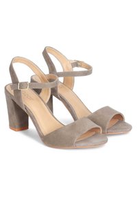 Sandale cu toc înalt din suede gri, cu curea pentru gleznă, design cu vârf deschis și toc bloc. Dispune de o textură netedă și un design minimalist.