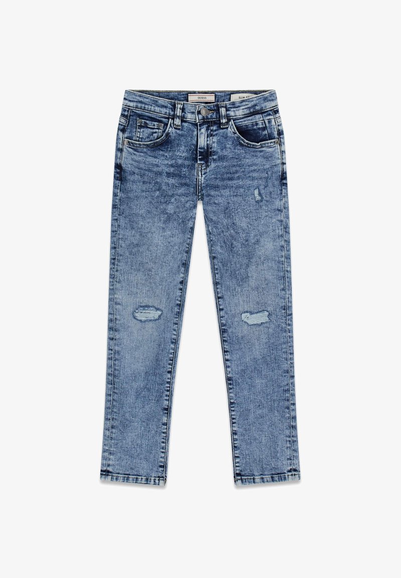 Jasnoniebieskie, slim-fit dżinsy z przetarciami, z dwoma przednimi kieszeniami. Posiadają zapięcie na guziki oraz proste nogawki od kolana do hemu.