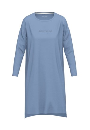 Blauwe langmouwige jurk met een ronde halslijn en het 'TOM TAILOR' logo in het midden. Zachte stof met een relaxed fit en asymmetrische zoom.