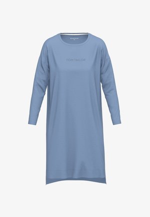Blauwe langmouwige jurk met een ronde halslijn en het 'TOM TAILOR' logo in het midden. Zachte stof met een relaxed fit en asymmetrische zoom.