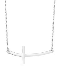 Srebrny naszyjnik z minimalistycznym zawieszeniem w kształcie zakrzywionego krzyża, gładka powierzchnia, z delikatnym łańcuszkiem i zapięciem.