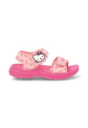 Sandalia rosa para niños con tiras ajustables, que presenta el dibujo animado Hello Kitty y lazos con estampado en el material superior.