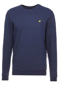 Sudadera azul marino, confeccionada en mezcla de algodón, con cuello redondo, mangas largas, puños acanalados y un pequeño logo amarillo en el pecho.