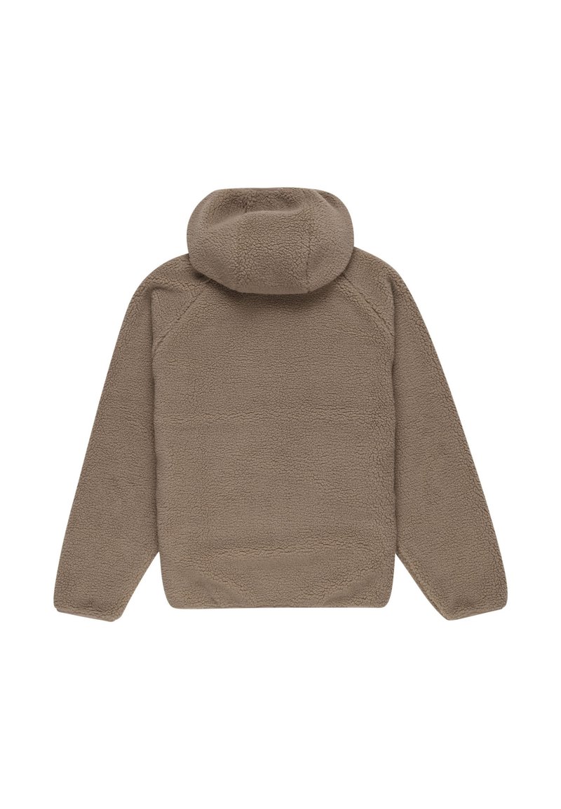 Pullover in pile marrone con collo alto e texture morbida. Presenta maniche raglan e una vestibilità rilassata. Nessun hardware o motivo visibile.