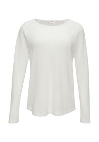 Chemise blanche à manches longues en tissu doux, avec un col rond et des manches raglan, présentant une texture lisse et un design minimalist.