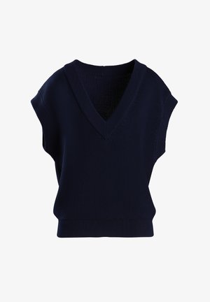 Pull sans manches en tricot bleu marine avec un décolleté en V profond, un tissu texturé à côtes et un ourlet inférieur ajusté. Design simple et décontracté.