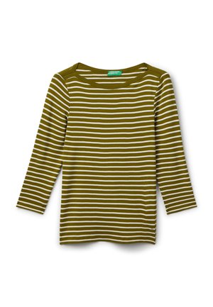 Olivgrünes Langarmshirt mit weißen horizontalen Streifen, rundem Ausschnitt und enganliegender Passform. Hergestellt aus leichtem, weichem Stoff.