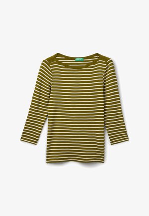 Olive zelená košile s dlouhými rukávy, bílými horizontálními pruhy, kulatým výstřihem a přiléhavým střihem. Vyrobena z lehkého, měkkého materiálu.