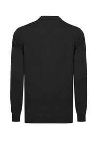 Zwarte lange mouwen cardigan met een subtiele textuur, een kraag halslijn en ribgebreide manchetten en zoom. Eenvoudig ontwerp zonder zichtbare versieringen.