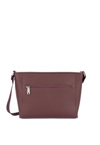 Borsa a tracolla in pelle marrone con texture, dotata di chiusura superiore con zip e tasca anteriore con zip. Cinghia regolabile, forma rettangolare.