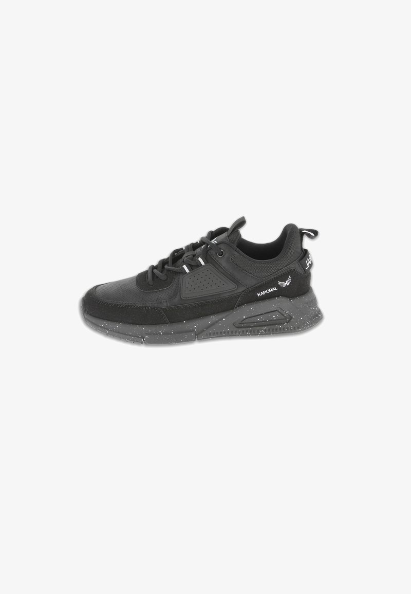 Black sneakers with a mesh and suede upper, a textured sole, and white speckled detailing. Features supportive lace-up design and branding.