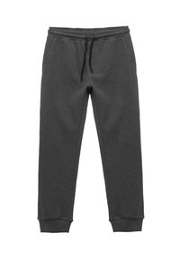 Grå joggebukser lavet af blødt materiale, med elastisk talje og justerbar snor, sidelommer og ribbede manchetter.