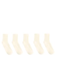 Cotton crew socks in off-white. Ribbed texture at the top, smooth body, and rounded toe. Set of five pairs.
