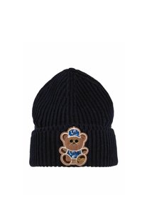 Dunkelblauer Strickbeanie mit gerippter Textur und umschlagbarem Bund, versehen mit einem braunen Teddybär-Patch in einer blauen Mütze auf der Vorderseite.