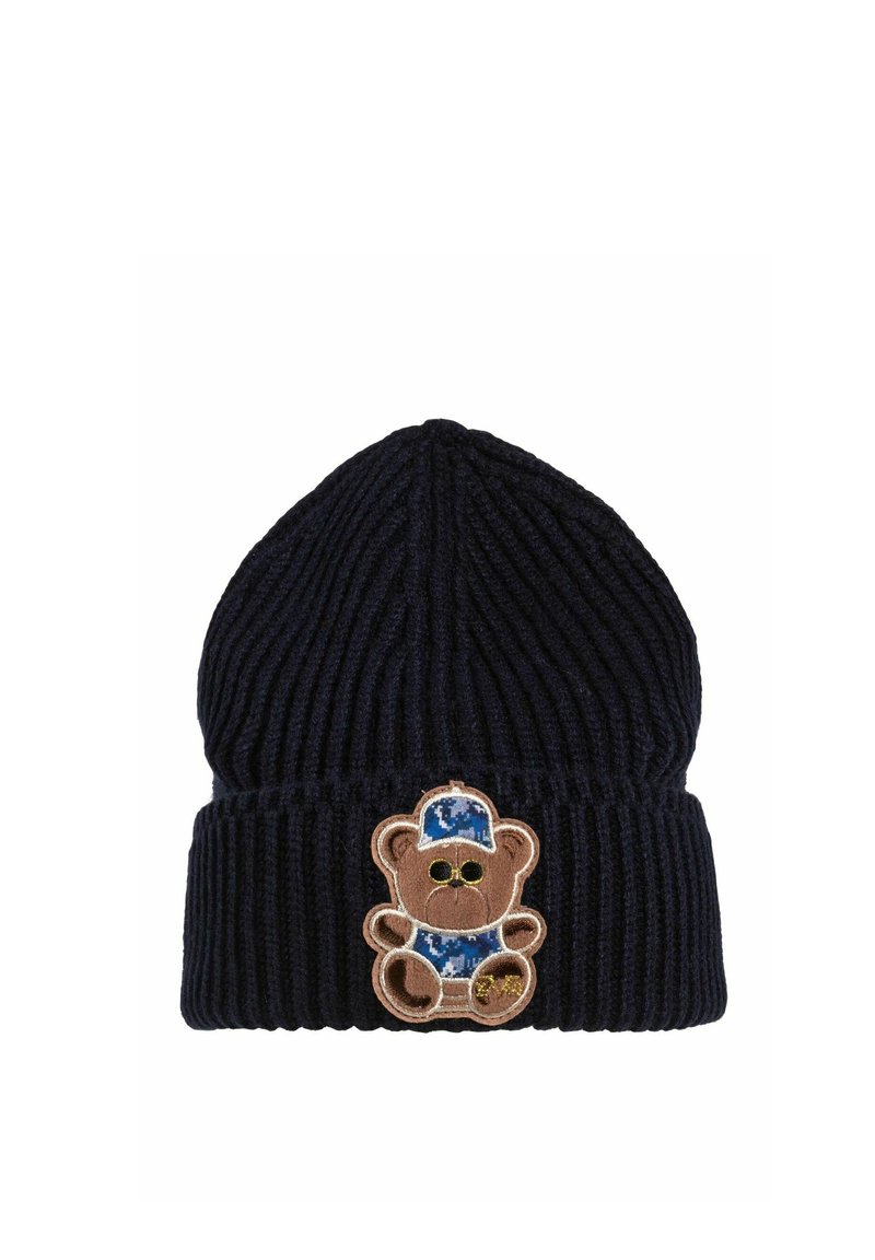 Dunkelblauer Strickbeanie mit gerippter Textur und umschlagbarem Bund, versehen mit einem braunen Teddybär-Patch in einer blauen Mütze auf der Vorderseite.