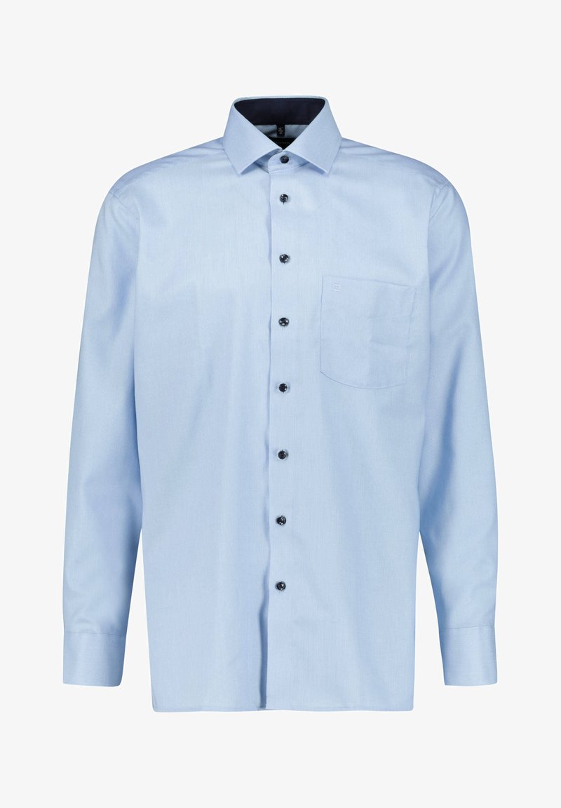 Jasnoniebieska koszula z długim rękawem, wykonana z mieszanki bawełny, z kołnierzykiem button-down, kieszonką z przodu oraz ciemnymi guzikami jako akcentami.