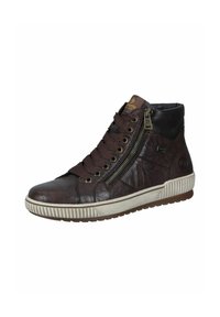 Sneaker alto marrone in pelle, con una finitura testurizzata, design con lacci, zip laterale e suola in gomma con motivo a righe.