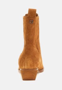 Botă bijuterie din suede maro, cu toc mic, detalii cusute și un accent cu logo pe spate. Finisaj texturat și design elegant.