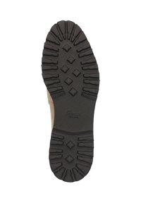 Zwarte rubberen buitenzool met een diep loopprofiel, voorzien van driehoekige en rechthoekige noppen, en een tan bovenstuk. Duurzaam en textuurvol.