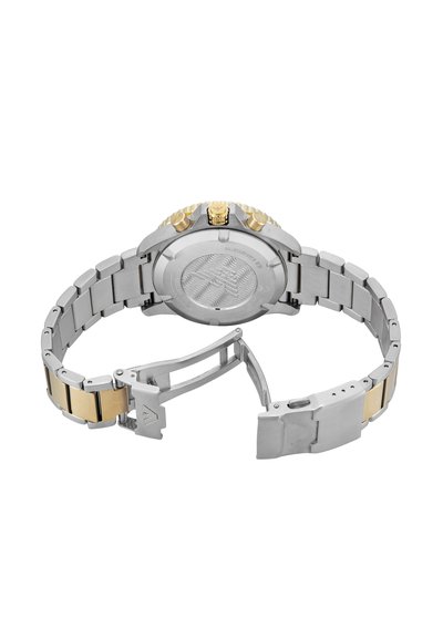 Edelstahlarmbanduhr mit goldenen Akzenten, gebürsteter Oberfläche und strukturiertem Gehäuseboden. Verfügt über ein Gliederarmband mit einem sicheren Verschlussmechanismus.
