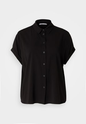 Black short-sleeve shirt featuring a button-up front, collar, and rolled cuffs. Made of smooth fabric with a relaxed fit.